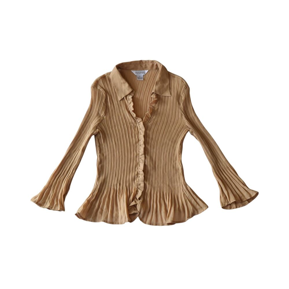 Y2K Allison Taylor Crinkle Pleated Semi Sheer Ruffle Blouse Tan XL